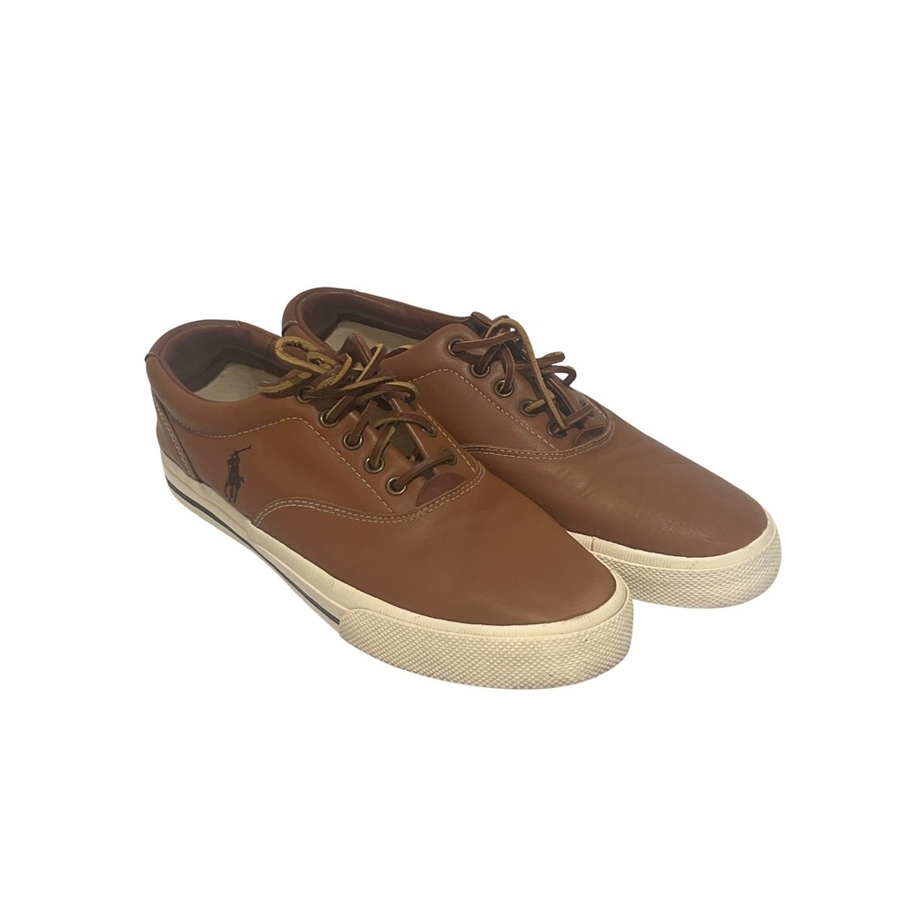 Polo Ralph Lauren Vaughn Sneakers Tan Brown Leather Low Top Pony Shoes Preppy